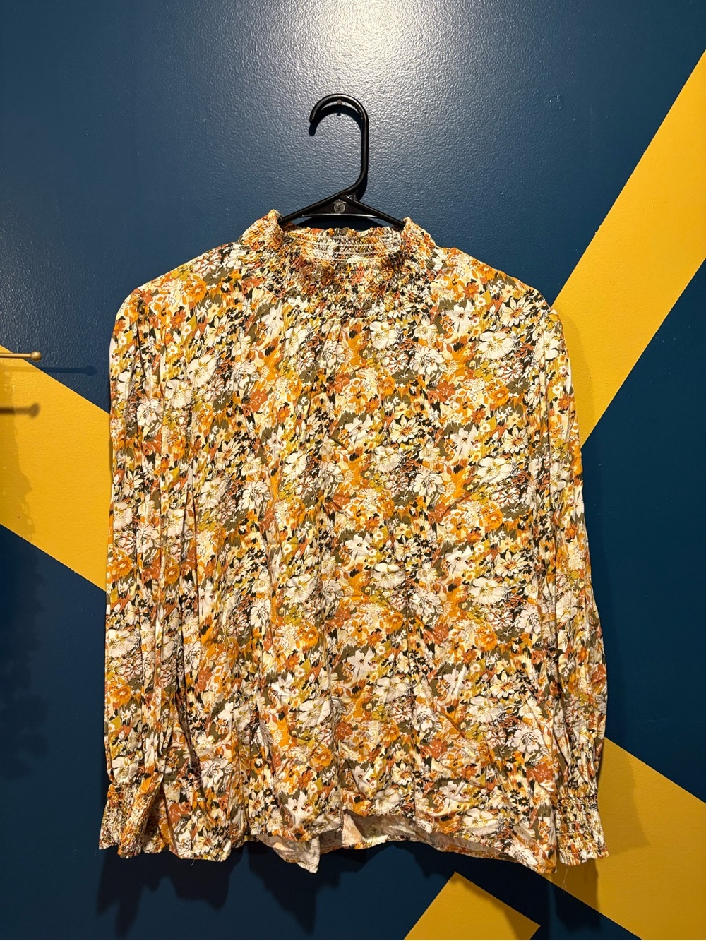 Alexander Jordan Yellow & Cream Floral Mock Neck Blouse EUC